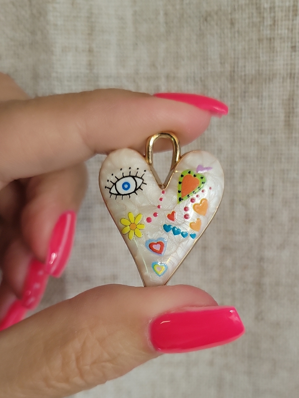 Evil Eye Painted Enamel Heart Charm Pendant